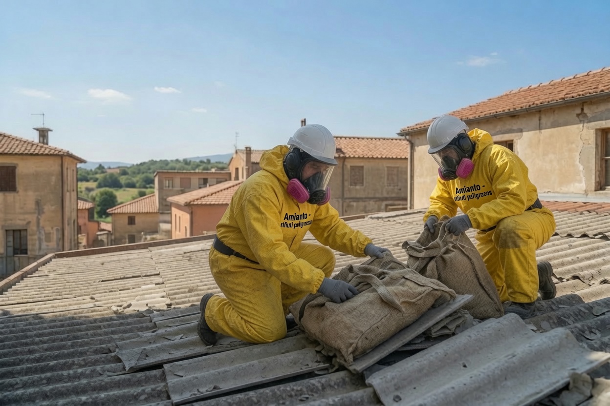 Operatori Tetti Top Service in tute protettive gialle durante rimozione amianto certificata