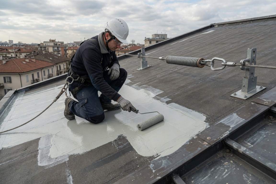 Operatore Tetti Top Service applica guaina liquida impermeabilizzante su copertura