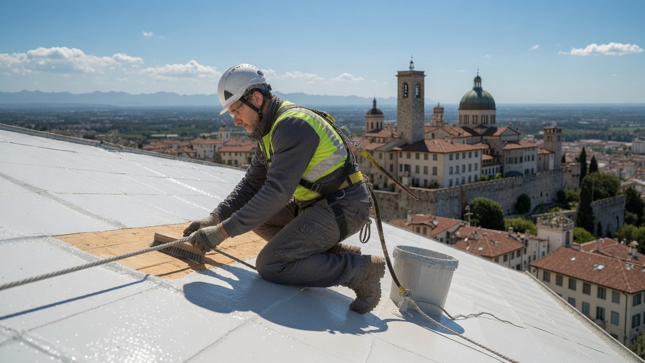 Operaio Tetti Top Service al lavoro su copertura a Monza Brianza - impermeabilizzazione professionale
