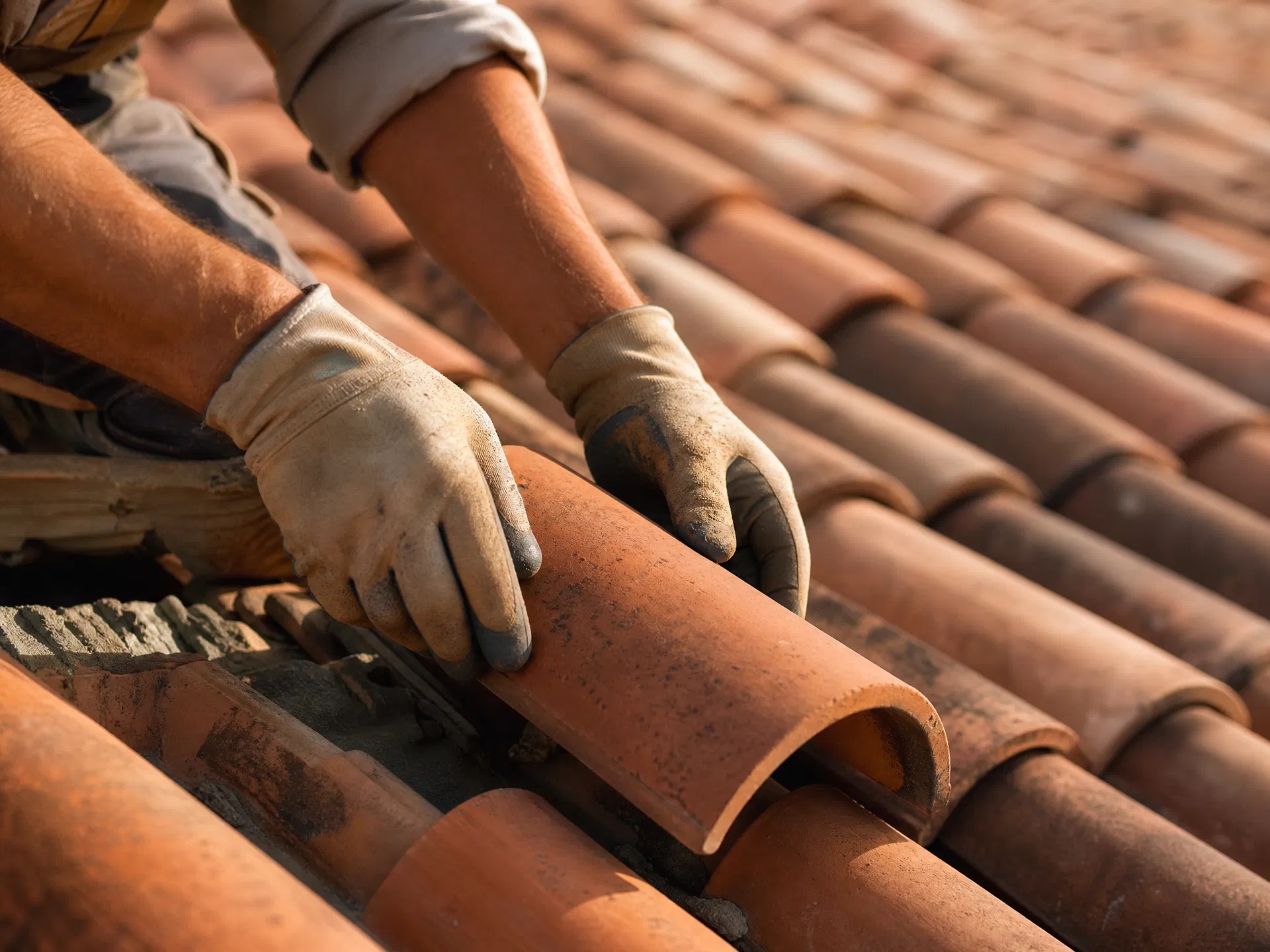 Manutenzione tetti e lattoneria a Monza Brianza - mani esperte posano coppi in terracotta