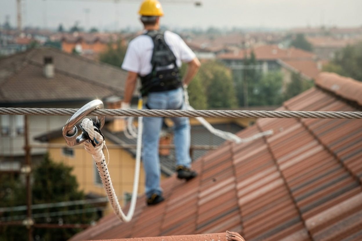 Lavoratori in sicurezza con linea vita certificata su tetto